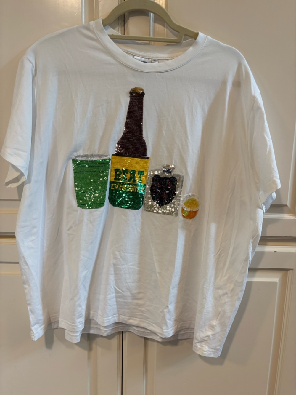 QUEEN OF SPARKLES  Beat Everybody Baylor Short Sleeve Tee w Sequin Bottle